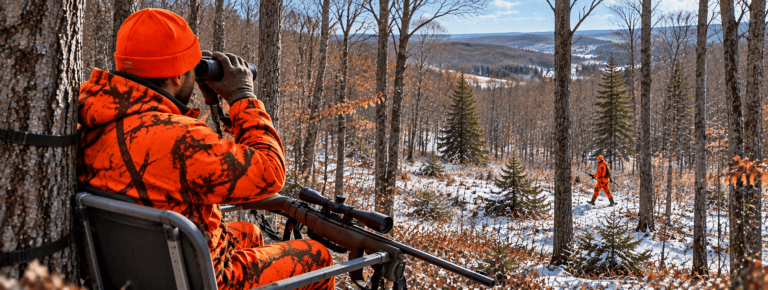 Hunter in a stand with a modern scope